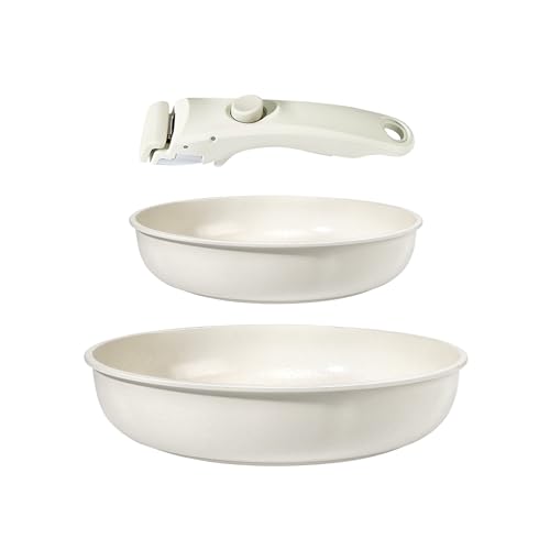GiPP Non Stick Frying Pans Set Removable Handle, Oven Safe Nonstick Fry Pan Skillets with Detachable Handle, Granite Coating Healthy Cooking Compatible with All Stovetops, PFOA Free, RV Cookware set - color: White, size: 3PCS