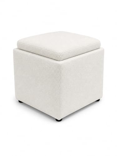 SIMPLIHOME Rockwood Storage Ottoman - 17 inch Wide Upholstered Cube Ottoman in Ivory Boucle, Contemporary Footrest, Accent Seat or Side Table with Hidden Storage and Tray Lid - color: Ivory Boucle