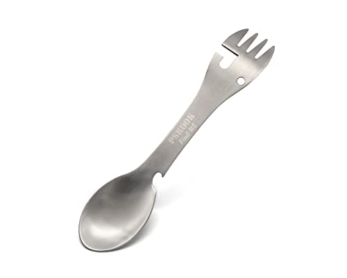 PSKOOK 5-in-1 Utility Tactical Spork, Stainless Steel Spoon & Bottle Opener, Fork & Knife, Can Opener Combo Camping Utensil for Hiking, Camping or Backpacking (Matte Silver) - color: Matte Silver + "S"Clip