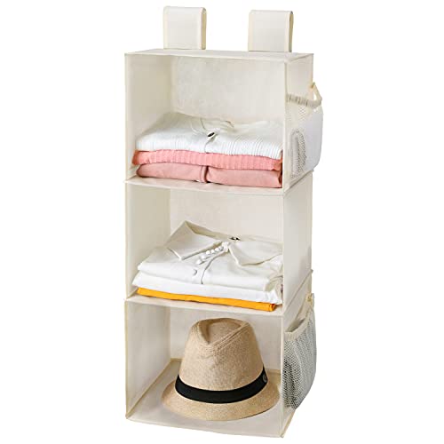 MAX Houser 3-Shelf Hanging Closet Organizer with 2 Velcro, Beige | Hanging Sweater Organizer, Foldable Hanging Shelves for Closet - color: Beige