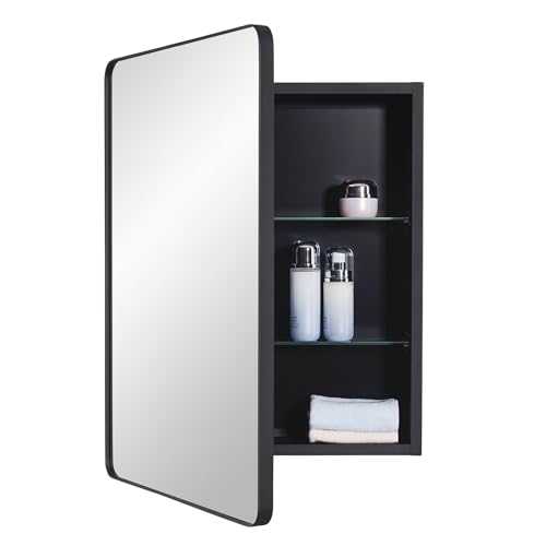 IDYLLOR Black Bathroom Mirror Medicine Cabinet with Round Corner Framed Door 20 x 26 inch, Recessed or Surface Mount, with Adjustable Glass Shelves - size: 20 x 26 inch