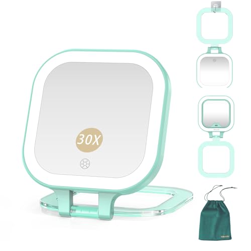 Mocado Compact Travel Makeup Mirror, 1X/30X Magnifying Mirror with Light, Double Sides Compact Mirror with 3 Color Light, Dimmable Handheld Mirror, Rechargeable Travel for Purse,Pocket(Green) - color: C-30x Magnifying-green