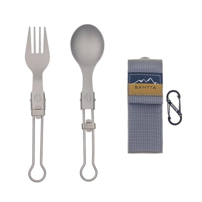 SANTTA Light Weight Titanium Folding Fork Spoon 2 Piece Utensil Set with Carry Bag and Carabiner for Camping, Hiking, Backpacking and Travelling - style: Fork Spoon