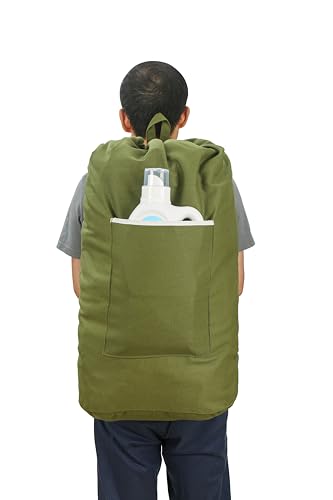 Canvas Laundry bag, Washable Laundry backpack, Adjustable Straps, Large Front Pocket, Drawstring Closure (ARMY GREEN, X-Large) - color: ARMY GREEN, size: X-Large