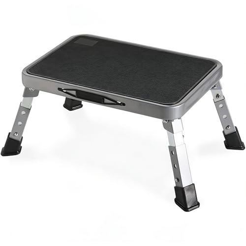 Double Elite 3 Levels Adjustable Folding Step Stools for Adults, Sturdy Metal RV Step, Safer Foldable Small Kitchen Stepping Stool Seniors Bed, Multi-Use Office Foot Stool Under Desk - color: Gray/Black