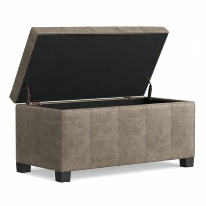 SIMPLIHOME Dover Storage Ottoman Bench - 36 inch Wide Upholstered Vegan Leather Rectangular Lift-Top Ottoman in Distressed Smoky Grey Brown, Contemporary Bench for Living Room with Safety Hinges - color: Distressed Smoky Grey Brown