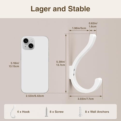 Wall Hooks for Hanging Coat/Backpack - 5.4'' Large 40LBS Heavy Duty Hanger Wall Mount Screw in, for Towel, Closet, Robe, Bag, Outdoor, White 4 Pack - size: 4 Pack