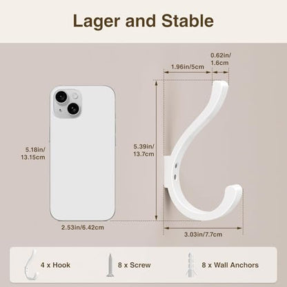 Wall Hooks for Hanging Coat/Backpack - 5.4'' Large 40LBS Heavy Duty Hanger Wall Mount Screw in, for Towel, Closet, Robe, Bag, Outdoor, White 4 Pack - size: 4 Pack