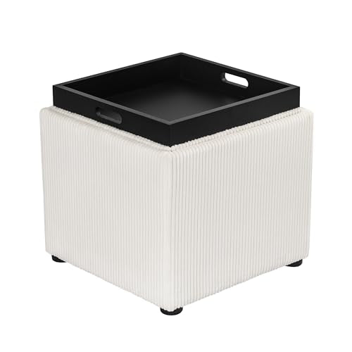 Adeco 17" Square Storage Ottoman with Reversible Tray Lid, Corduroy Footrest for Living Room, Small Coffee Table & Side Table for Small Spaces, 14.8 Gal Capacity, Beige - color: Beige Corduroy With Tray