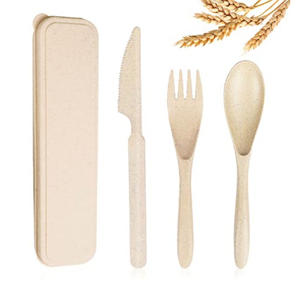 YDYTOP Reusable Travel Utensils Set with Case, Beige Wheat Straw Portable Knife Fork Spoons Tableware, Eco-Friendly BPA Free Cutlery for Kids and Adults as Travel Picnic Camping Utensils - color: 1 Sets - Beige