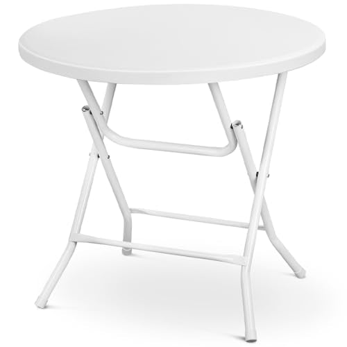 OS MOTOR 31.5 Inch Round Folding Table with Carry Handle, Portable Heavy Duty Plastic Utility Table with Steel Legs for Party, Wedding, Camping, Indoor, Outdoor Event, White - color: White, size: 31" Diameter