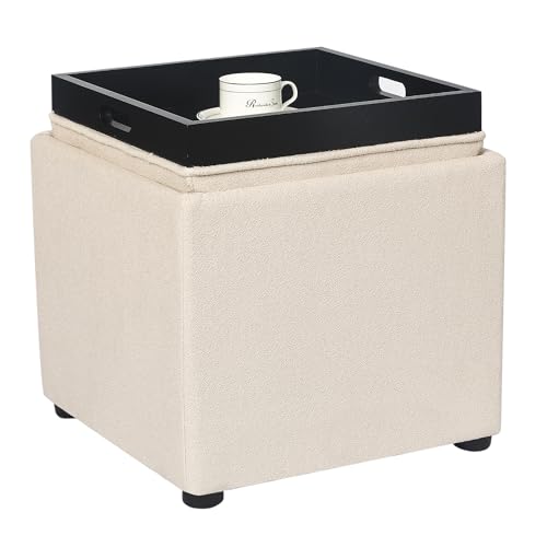 Adeco 17-inch Square Storage Ottoman with Reversible Tray Top, Upholstered Fabric Cube Footrest Stool & Coffee Table for Living Room, Bedroom, and Small Spaces, Beige - color: Beige With Tray