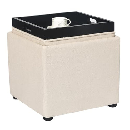 Adeco 17-inch Square Storage Ottoman with Reversible Tray Top, Upholstered Fabric Cube Footrest Stool & Coffee Table for Living Room, Bedroom, and Small Spaces, Beige - color: Beige With Tray