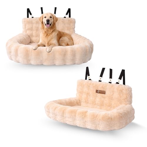 Pelsbarn Luxurious Cozy Car Bed - M/L Luxury Travel Dog Bed with Safety Belt - Ultra Soft Faux Fur - Beige - color: Beige, size: Medium-Large