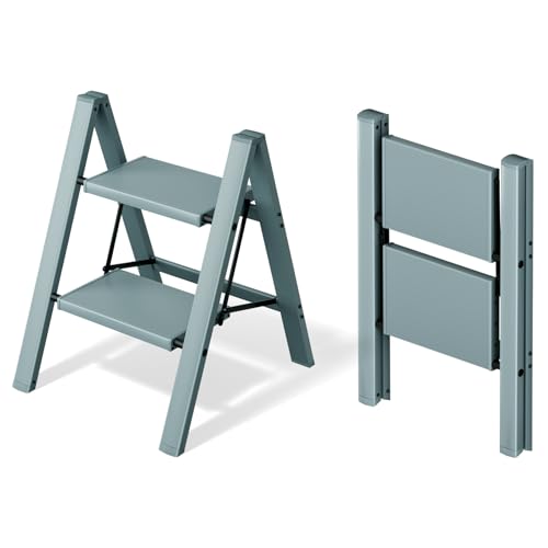 Mayi Plus 2 Step Ladder,Aluminum Folding Step Stool for Adults,Step Ladder with Wide Anti-Slip Pedal,330 lbs Capacity for Home,Office,Kitchen,Library(Blue) - color: Blue, size: 2 Step