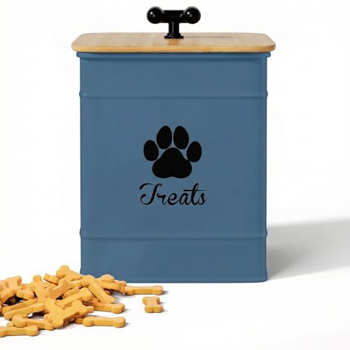 Dog Treat Container Airtight - 6 Inch Wide x 8 Inch Tall Iron Dog Treat Jar for Kitchen Counter with Airtight Bamboo Lid - 12 Cup Capacity Pet Treat Container - Doggie Cookie Jar - Big Treats Canister - color: Blue