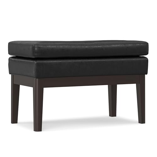 SIMPLIHOME Carlson Small Ottoman Bench - 27 inch Wide Upholstered Woven Fabric Rectangle Ottoman in Distressed Black, Mid Century Modern Bench for Bedroom or Living Room with Padded Seat - color: Distressed Black, style: Small Ottoman Bench