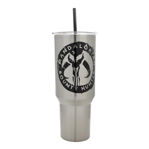 Bioworld Star Wars Mandalorian Mythosaur Skull Bounty Hunter Logo 40 Oz Silver Stainless Steel Tumbler - color: Mythosaur Skull