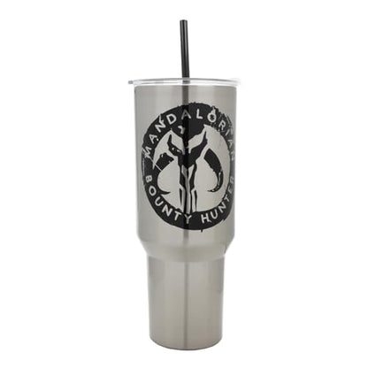 Bioworld Star Wars Mandalorian Mythosaur Skull Bounty Hunter Logo 40 Oz Silver Stainless Steel Tumbler - color: Mythosaur Skull