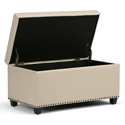 SIMPLIHOME Amelia Storage Ottoman - 33 inch Wide Vegan Leather Rectangle Storage Ottoman Bench in Satin Cream, Transitional Ottoman for Living Room with Nailhead Trim and Lift-Up Lid - color: Satin Cream