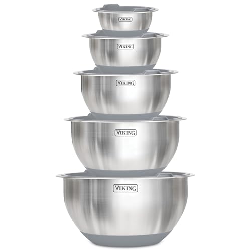 Viking Mixing Bowls Set, 10 Piece Stainless Steel Kitchen Cookware, Non-Slip Silicone Base, Includes Tight Fit Lids, Dishwasher Safe, Grey - color: Gray