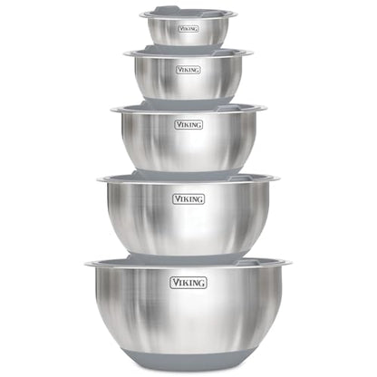 Viking Mixing Bowls Set, 10 Piece Stainless Steel Kitchen Cookware, Non-Slip Silicone Base, Includes Tight Fit Lids, Dishwasher Safe, Grey - color: Gray