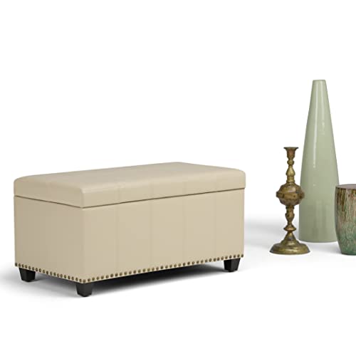 SIMPLIHOME Amelia Storage Ottoman - 33 inch Wide Vegan Leather Rectangle Storage Ottoman Bench in Satin Cream, Transitional Ottoman for Living Room with Nailhead Trim and Lift-Up Lid - color: Satin Cream