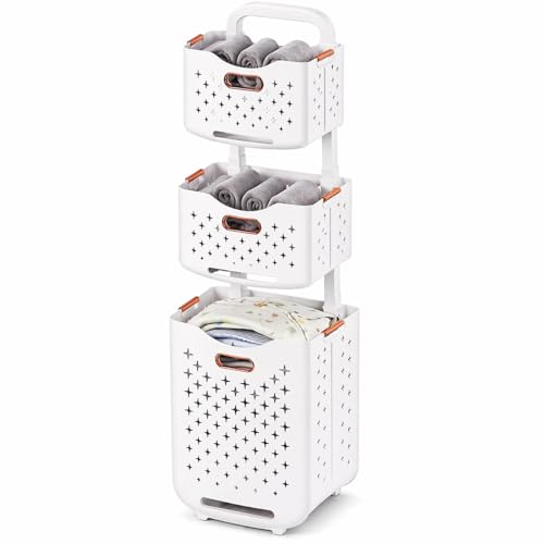 Collapsible Laundry Basket Organizer, 3-Tier Foldable Laundry Sorter with Wheels & Wall Mount, Space-Saving Slim Laundry Hamper with Removable Bins,100L Capacity for Bathroom, Dorm & Small Spaces - size: 3-Tier