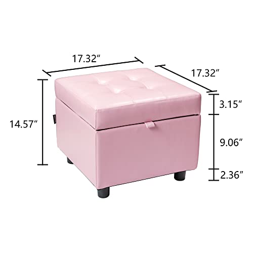 H&B Luxuries Tufted Leather Square Flip Top Storage Ottoman Cube Foot Rest - color: Pink With Storage