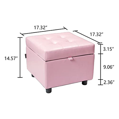H&B Luxuries Tufted Leather Square Flip Top Storage Ottoman Cube Foot Rest - color: Pink With Storage