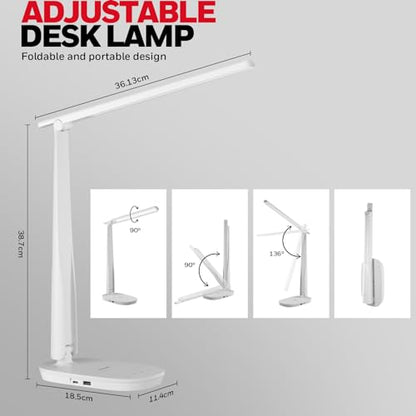 Honeywell HWT-H2 LED Desk Lamp for Home Office, CRI94 Full Spectrum Eye-Caring Light, Dimmable Table Lamp with USB-A & USB-C Charging Ports, Foldable Touch Control Reading Lamp, White - color: White