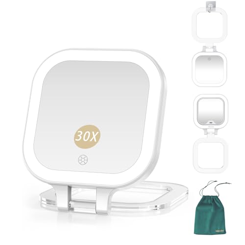 Mocado Compact Travel Makeup Mirror, 1X/30X Magnifying Mirror with Light, Double Sides Compact Mirror with 3 Color Light, Dimmable Handheld Mirror, Rechargeable Travel for Purse,Pocket(White) - color: C-30x Magnifying-white