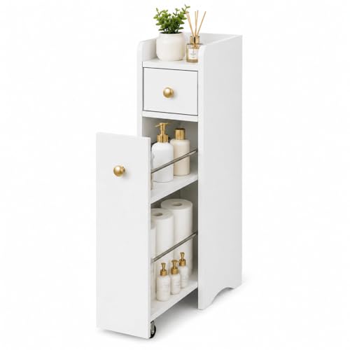 VINGLI Slim Bathroom Storage Cabinet, Narrow Storage Organizer with Slide Out Drawers, Freestanding Toilet Paper Holder, Small Space Skinny Cabinet for Bathroom Kitchen Corner, White - color: White Ⅱ, size: 1-Door & 1 Drawer