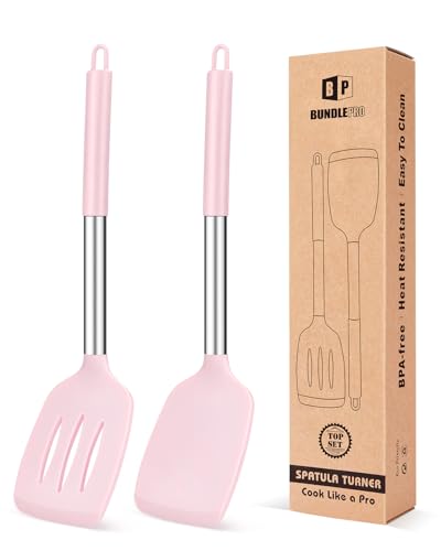 Pack of 2 Silicone Solid Turner, Non Stick Slotted Kitchen Spatulas, High Heat Resistant BPA Free Cooking Utensils, Ideal Cookware for Fish, Eggs, Pancakes(Pink) - color: Pink
