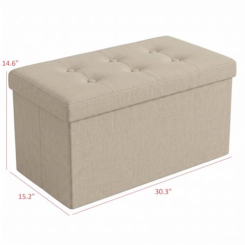 HOME DESIGN Florence 30" Upholstered Folding Storage Bench, Tufted Top, Space-Saving Storage, Beige Linen Fabric - color: Beige Linen