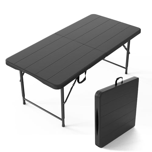 VINGLI 4 FT Plastic Folding Camping Table,3-Level Adjustable Height, Portable in/Outdoor Party Picnic Dining Desk,Off-White Garden Soccer Multipurpose Entertaining Activities, Black - color: Black, size: 4 ft