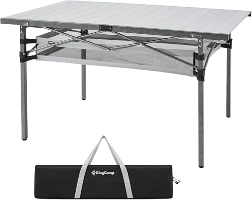 KingCamp Folding Camping Table, Portable Camp Table Foldable Aluminum Roll Up Seamless Desktop with Storage and Tall Legs for Outdoor Backyard Picnic - color: Silver_ Mesh - 53×27", style: Extra Large for 6-8 people