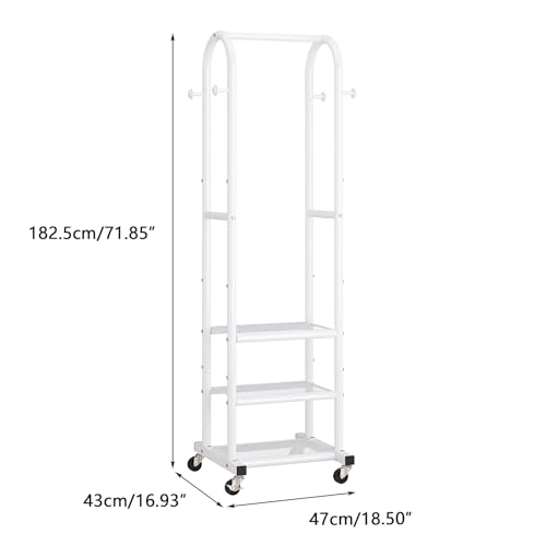 Dttwacoyh Metal Clothing Rack with Wheels and Hanging Hooks,Narrow Coat and Shoe Rack,Small Hall Tree,for Small Space, Bedroom, entryway, Walk-in Closet, Laundry Room- White - color: White