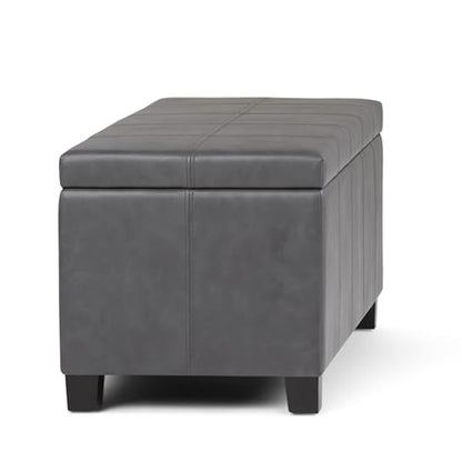 SIMPLIHOME Dover Storage Ottoman Bench - 36 inch Wide Upholstered Vegan Leather Rectangular Lift-Top Ottoman in Stone Grey, Contemporary Bench for Living Room with Safety Hinges - color: Stone Grey