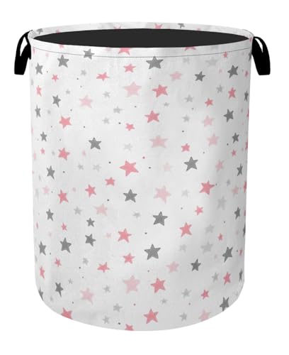 Cute Pink Stars Foldable Canvas Laundry Basket with Handles - Toy Organizer, Heavy Duty for Home，Bedroom, Dorm, Bathroom - color: Cute Pink Stars