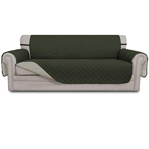 Easy-Going Reversible Couch Cover for 3 Cushion Couch Sofa Cover for Dogs Water Resistant Furniture Protector Cover with Foam Sticks Elastic Straps for Pet Cat (Sofa, Army Green/Beige) - color: Army Green/Beige, size: Large Sofa