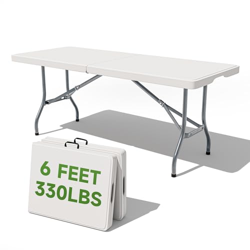 Folding Table 6 Foot - Heavy Duty 330LBS Capacity, Sturdy & Foldable Design with Safety Lock - Portable Tables Folding for Camping, Party, Indoor & Outdoor Use, 2 Pack - color: White, size: 6FT-2 PACK, style: Standard