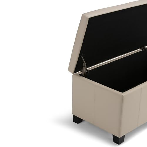SIMPLIHOME Dover Storage Ottoman Bench - 36 inch Wide Upholstered Vegan Leather Rectangular Lift-Top Ottoman in Satin Cream, Contemporary Bench for Living Room with Safety Hinges - color: Satin Cream