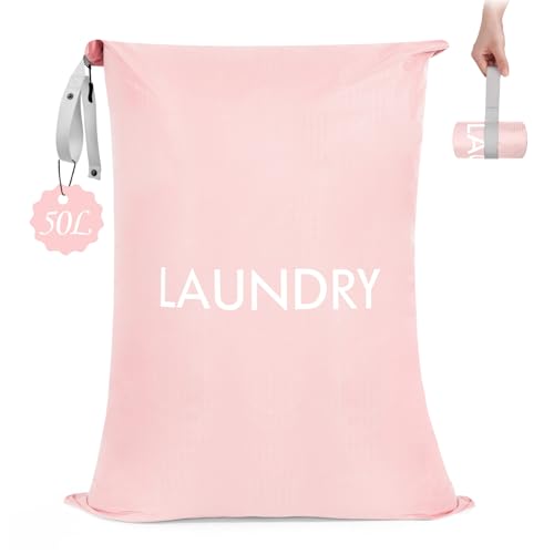 MissBoy 50L Travel Laundry Bag with Zipper, Heavy Duty & Odor-Proof Washable Nylon Sack for Dirty Clothes, Space-Saving Luggage Organizer & Dorm Room Essential for College Girls, Pink - color: Pink