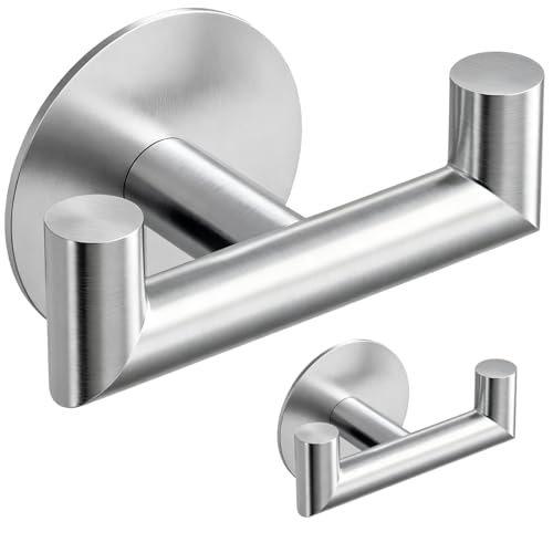GWAAZXGZ 2 Pack Brushed Nickel Bathroom Hooks for Towels - Self Adhesive Double Hooks for Wall, No Drilling, Stainless Steel 304, Strong Hold for Robes, Coats, Shower Use - color: Silver