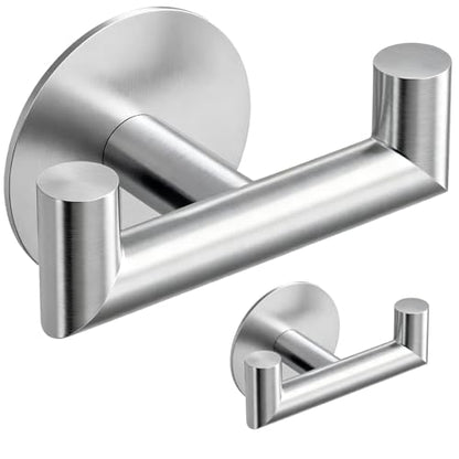 GWAAZXGZ 2 Pack Brushed Nickel Bathroom Hooks for Towels - Self Adhesive Double Hooks for Wall, No Drilling, Stainless Steel 304, Strong Hold for Robes, Coats, Shower Use - color: Silver