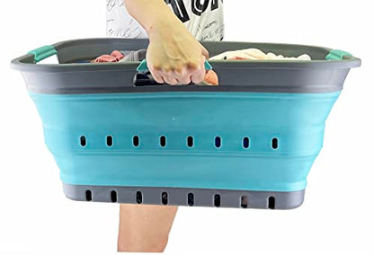 SAMMART 42L (11 gallon) Collapsible Plastic Laundry Basket - Foldable Pop Up Storage Container/Organizer - Space Saving Hamper/Basket (Grey/Crystal Blue) - color: Grey/Crystal Blue