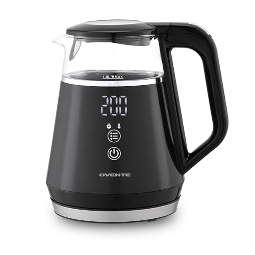 OVENTE 1L Small Electric Kettle with 5 Temperature Preset, Digital Display, 5Hr Keep Warm, Auto Shut-Off, Double-Wall Cool Touch Exterior, Borosilicate Glass,1500W BPA Free Water Boiler, Black KD95B - color: Black