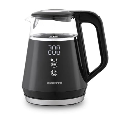 OVENTE 1L Small Electric Kettle with 5 Temperature Preset, Digital Display, 5Hr Keep Warm, Auto Shut-Off, Double-Wall Cool Touch Exterior, Borosilicate Glass,1500W BPA Free Water Boiler, Black KD95B - color: Black