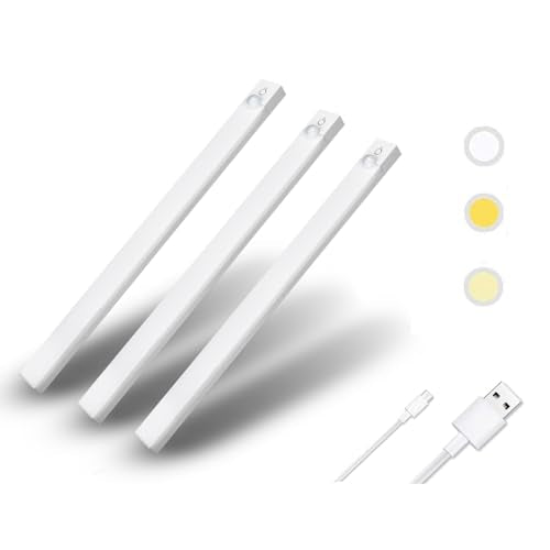 Under Cabinet Lighting 12 Inches Rechargeable Motion Sensor Light Indoor, 3 Color Dimmable Closet Light Battery Operated, USB Stick on LED Magnetic Under Counter Lights for Kitchen Stair, 3Packs - size: 12inch-3pack
